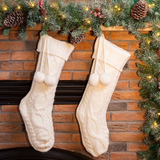 Glitzhome® 24" Knitted Polyester Christmas Stocking with Pom Pom